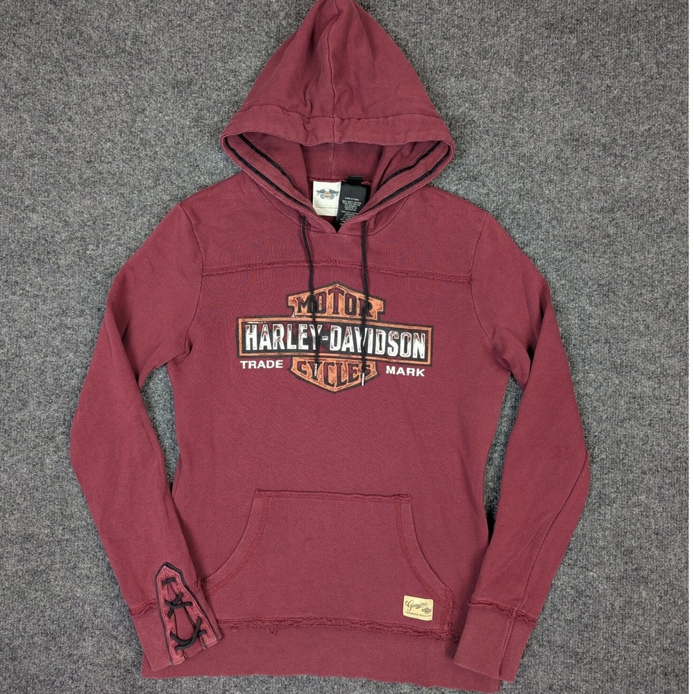 Harley-Davidson Womens Graphic Hoodie Burgundy Lace Up Cuff Cotton Small